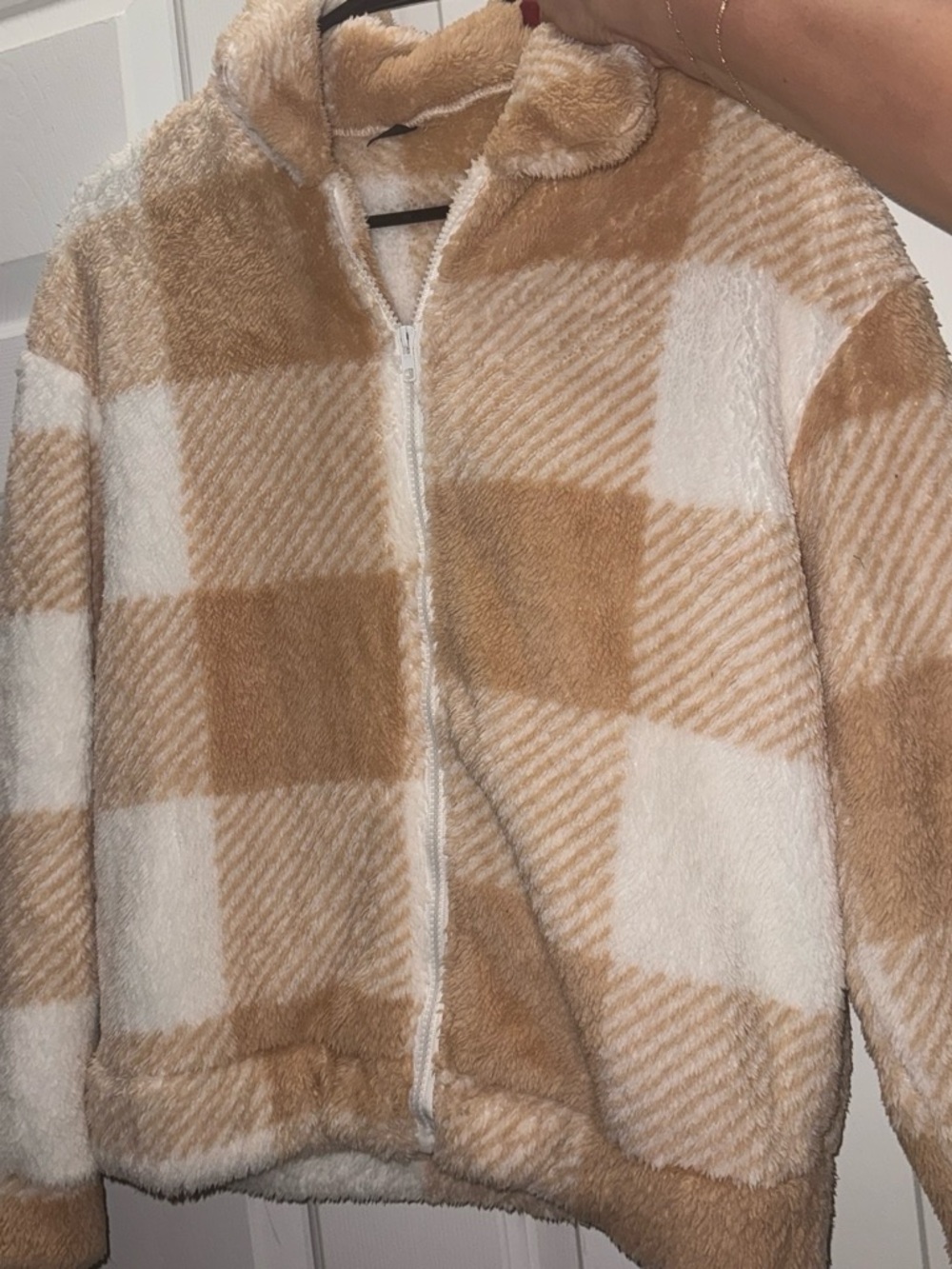 SHEIN Beige and White Plaid Teddy Zip-Up Ski Jacket